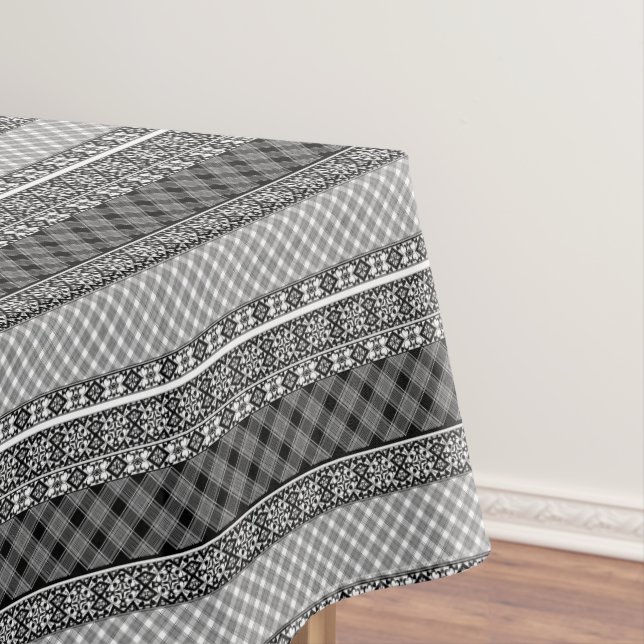 Black and white striped patchwork with lace tablecloth (In Situ)