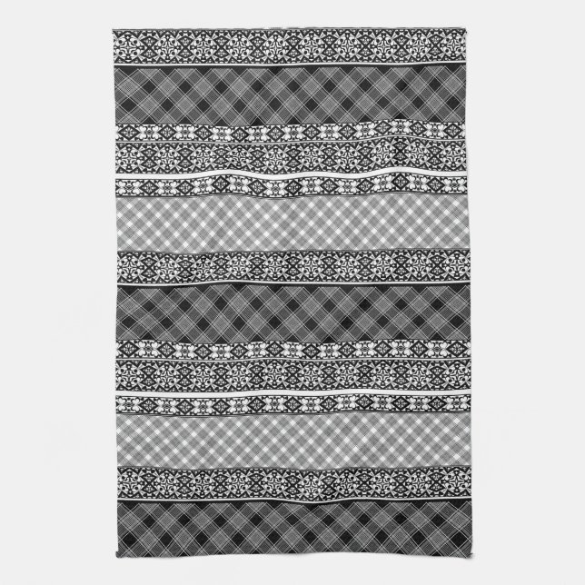 Black and white striped patchwork with lace tea towel (Vertical)