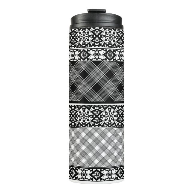 Black and white striped patchwork with lace thermal tumbler (Front)