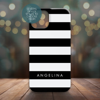 Black and White Striped Pattern and Modern Name iPhone 13 Mini Case