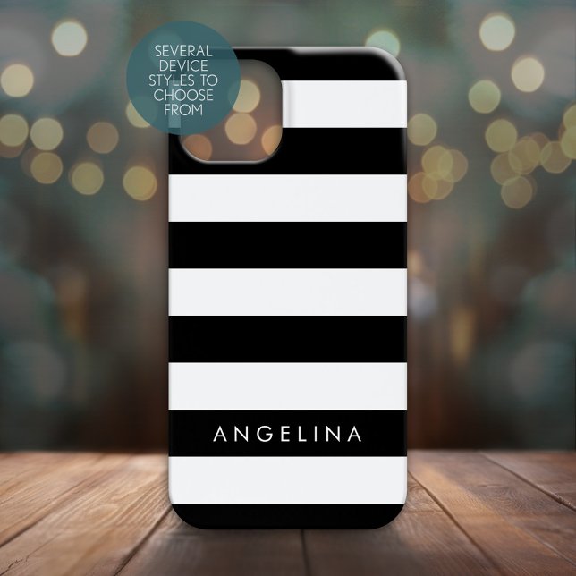 Black and White Striped Pattern and Modern Name Case-Mate iPhone Case (Personalized Phone Case - Many Device Styles to Choose From)