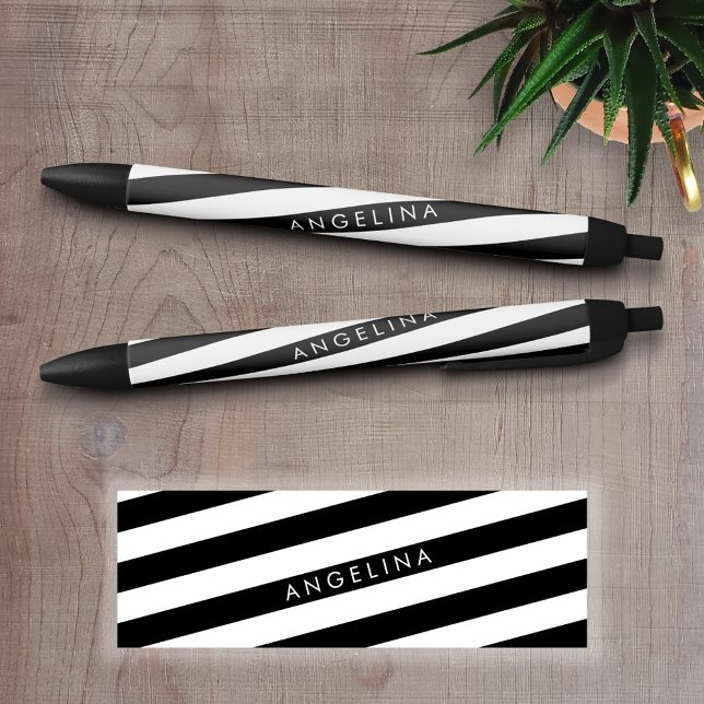 Black and White Striped Pattern Custom Name Black Ink Pen (Personalized Writing Pens - add your name, monogram or other text)