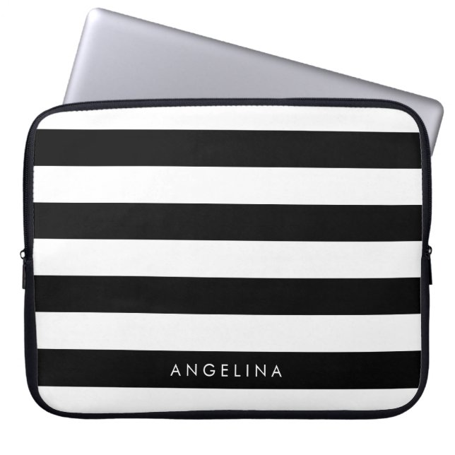 Black and White Striped Pattern Custom Name Laptop Sleeve (Front)
