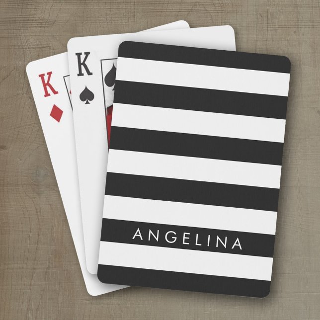 Black and White Striped Pattern Custom Name Playing Cards (Personalized playing cards with a modern stripe pattern and a place for a name or monogram)