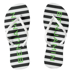Black and White Striped Pattern Custom Name Thongs
