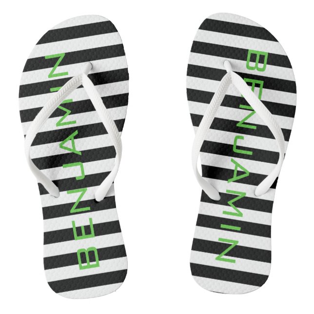 Black and White Striped Pattern Custom Name Thongs (Footbed)