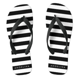 Black and White Striped Pattern Custom Name Thongs