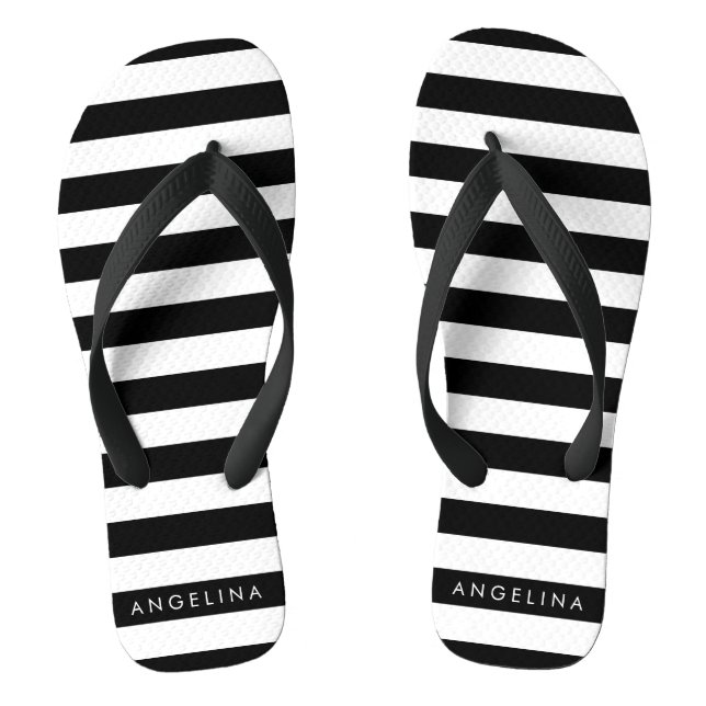 Black and White Striped Pattern Custom Name Thongs (Footbed)