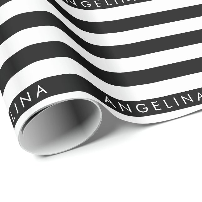 Black and White Striped Pattern Custom Name Wrapping Paper (Roll Corner)