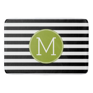 Black and White Striped Pattern Green Monogram Bath Mat
