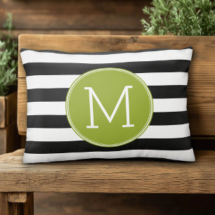 Black and White Striped Pattern Green Monogram Decorative Cushion