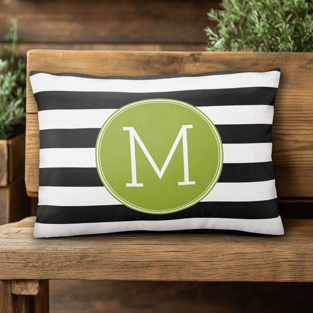 Black and White Striped Pattern Green Monogram Decorative Cushion (Custom Monogram Pillow)