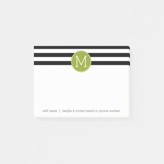 Black and White Striped Pattern Green Monogram Post-it Notes (Front)