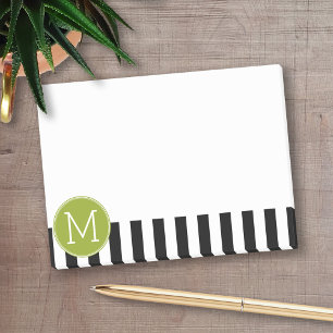 Black and White Striped Pattern Green Monogram Post-it Notes