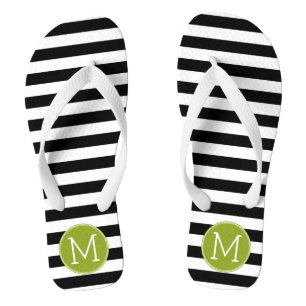 Black and White Striped Pattern Green Monogram Thongs
