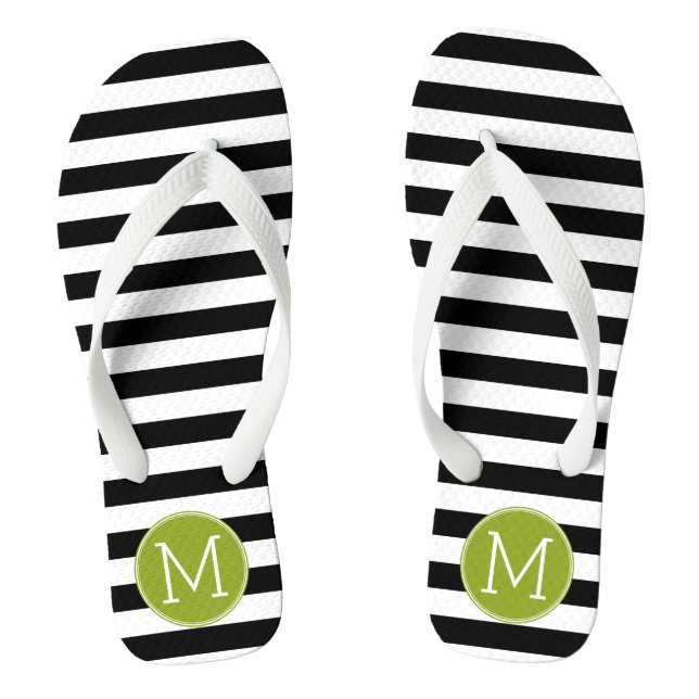 Black and White Striped Pattern Green Monogram Thongs (Footbed)