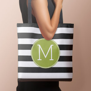 Black and White Striped Pattern Green Monogram Tote Bag