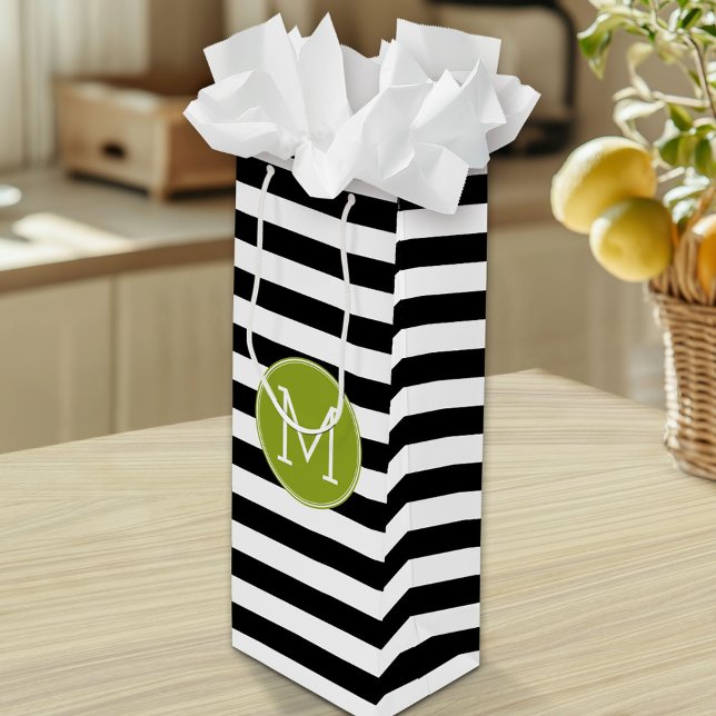 Black and White Striped Pattern Green Monogram Wine Gift Bag (Custom Gift Bag)