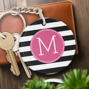 Black and White Striped Pattern Hot Pink Monogram Key Ring