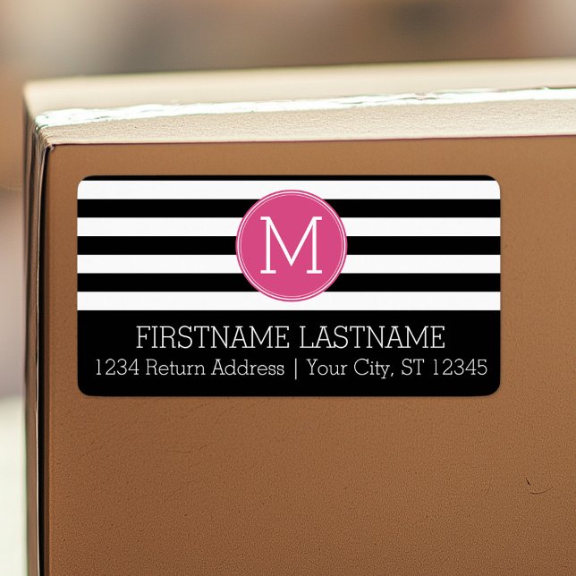 Black and White Striped Pattern Hot Pink Monogram Label (Personalized return address label)