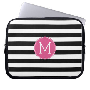 Black and White Striped Pattern Hot Pink Monogram Laptop Sleeve