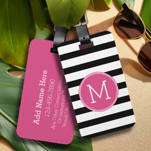 Black and White Striped Pattern Hot Pink Monogram Luggage Tag