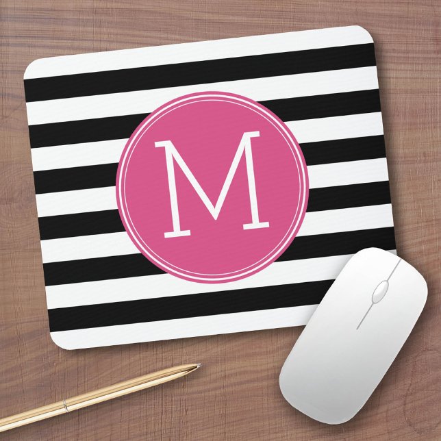 Black and White Striped Pattern Hot Pink Monogram Mouse Pad (Custom Mousepad)