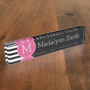 Black and White Striped Pattern Hot Pink Monogram Nameplate