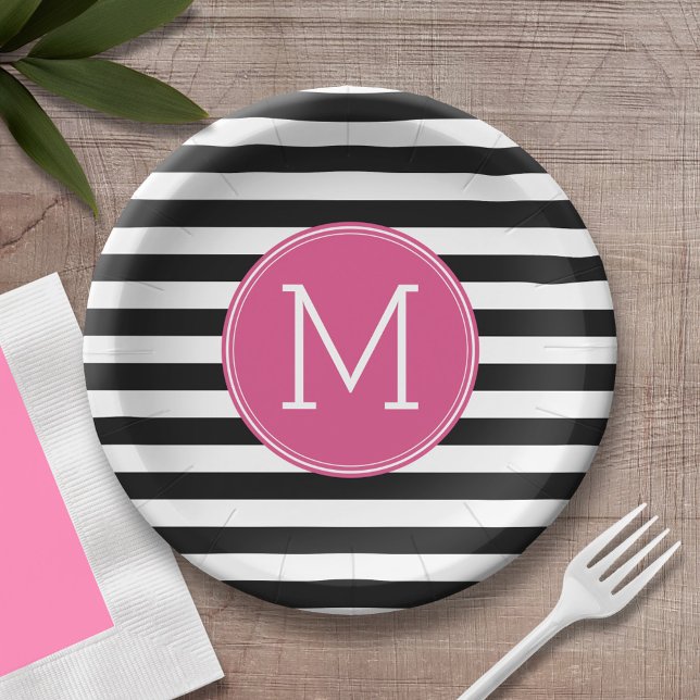 Black and White Striped Pattern Hot Pink Monogram Paper Plate (Personalized party plate with area for monogram)