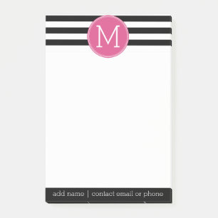 Black and White Striped Pattern Hot Pink Monogram Post-it Notes