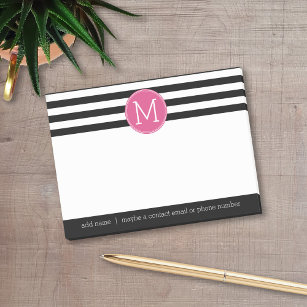 Black and White Striped Pattern Hot Pink Monogram Post-it Notes