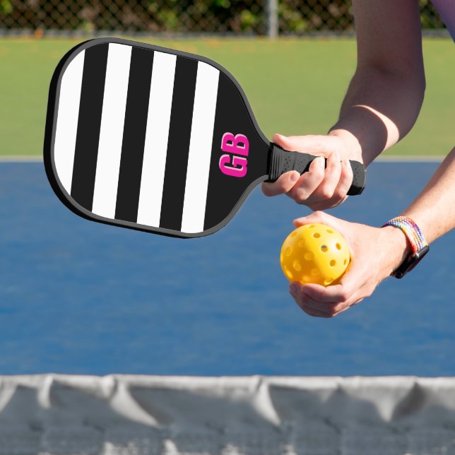 Black and White Striped Pattern Pink Monogram  Pickleball Paddle (Insitu)