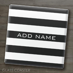 Black and White Striped Pattern with Name Glass Coaster