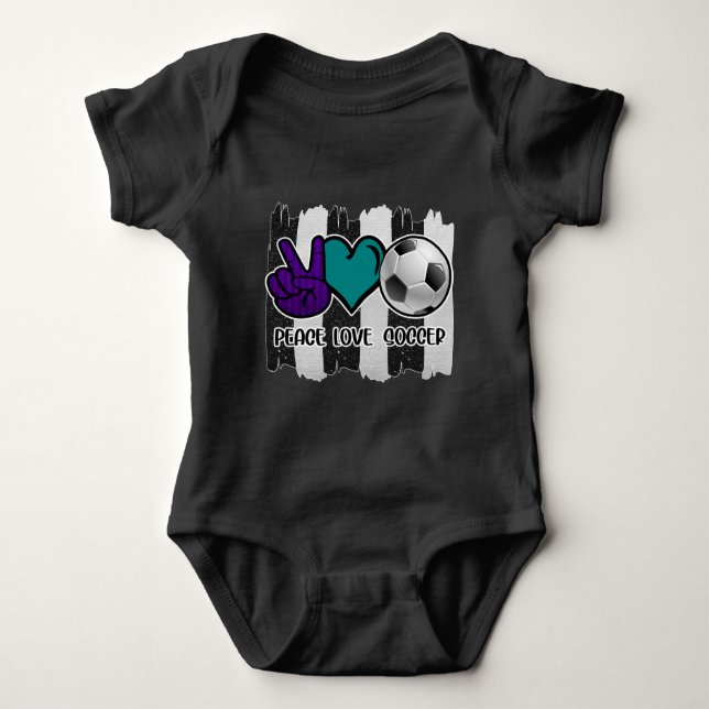 Black and White Striped Peace Love Soccer Baby Bodysuit (Front)