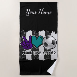 Black and White Striped Peace Love Soccer Beach Towel