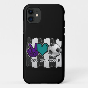 Black and White Striped Peace Love Soccer iPhone 11 Case