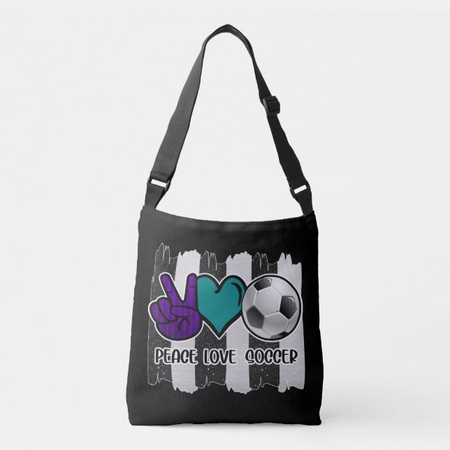 Black and White Striped Peace Love Soccer Crossbody Bag (Front)