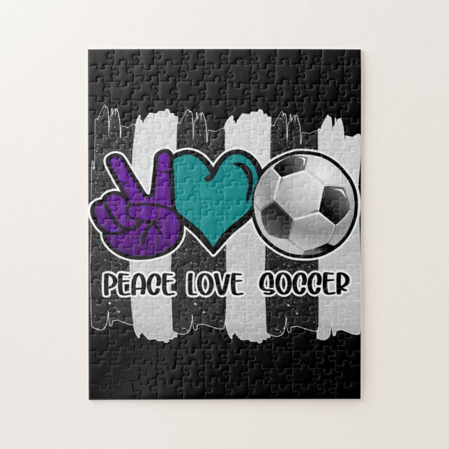 Black and White Striped Peace Love Soccer Jigsaw Puzzle (Vertical)