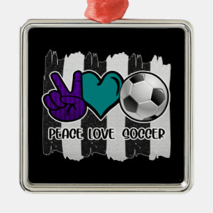 Black and White Striped Peace Love Soccer Metal Ornament