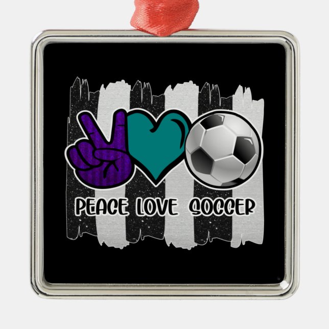Black and White Striped Peace Love Soccer Metal Ornament (Front)