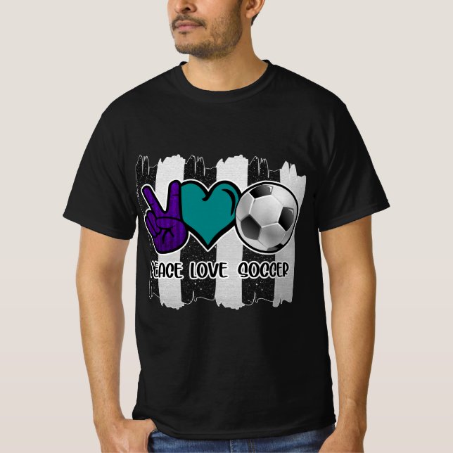 Black and White Striped Peace Love Soccer T-Shirt (Front)