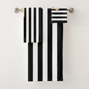 Black and White Striped Personalised Bath Towel Set