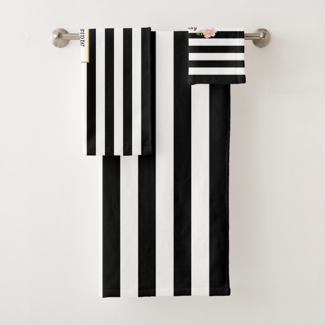 Black and White Striped Personalised Bath Towel Set (Insitu)