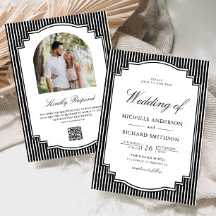 Black and White Striped Photo QR Code Wedding Invitation