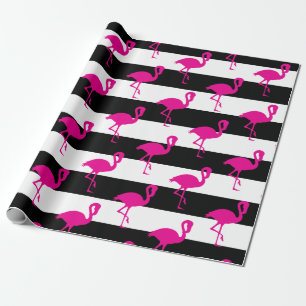 Black and White Striped Pink Flamingo Wrapping Paper