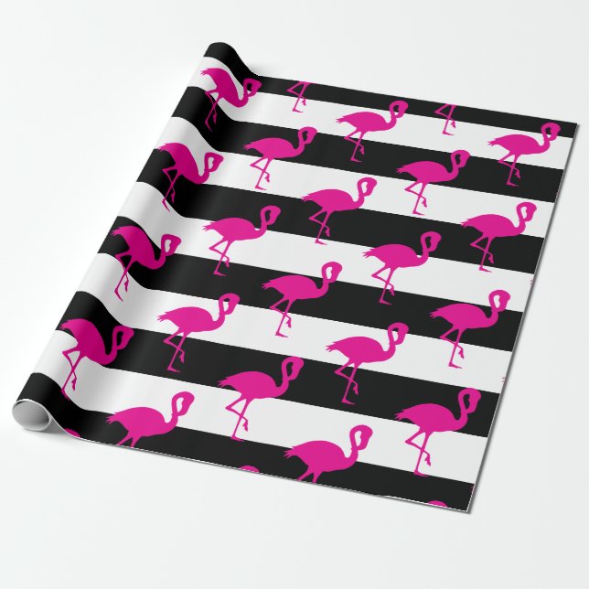 Black and White Striped Pink Flamingo Wrapping Paper (Unrolled)