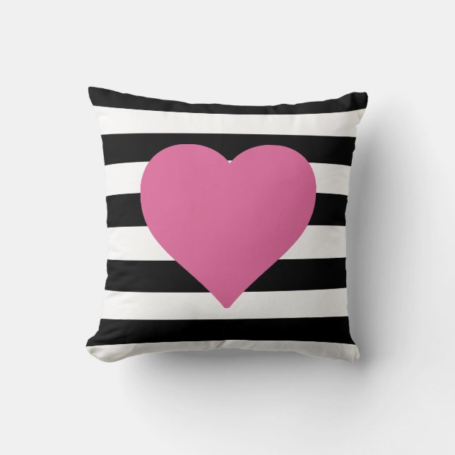 Black and White Striped Pink Heart Throw Pillow (Front)