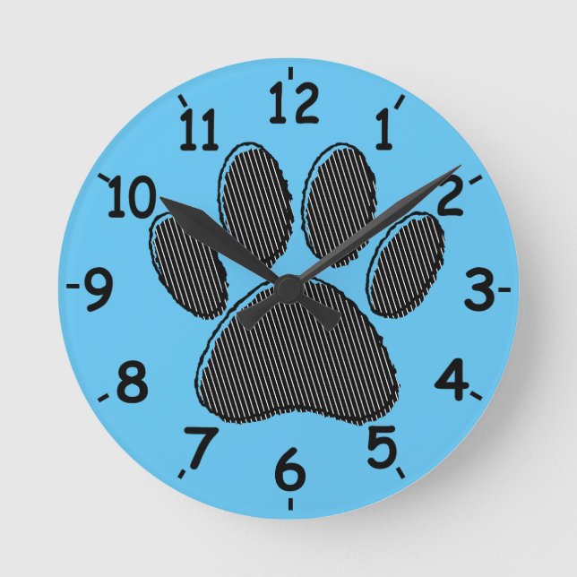 Black and White Striped Puppy Paw Print On Blue Round Clock (Front)