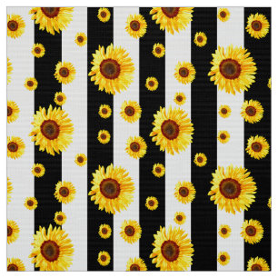 Black and White Striped Sunflower  Fabric