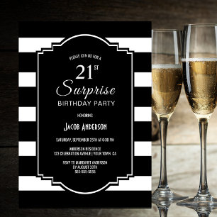 Black and White Striped Surprise 21st Birthday Invitation
